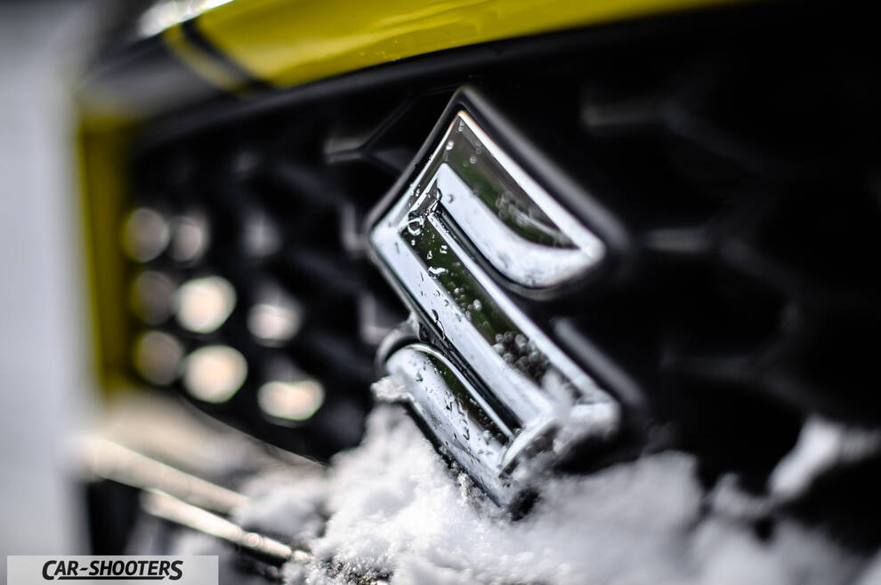 Suzuki Swift Sport – detail, grille badge close-up with snow