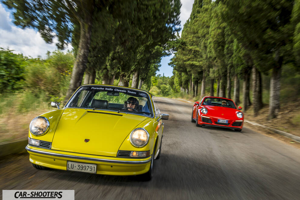 Porsche 911 Targa Storica – front three-quarter, yellow on a country road