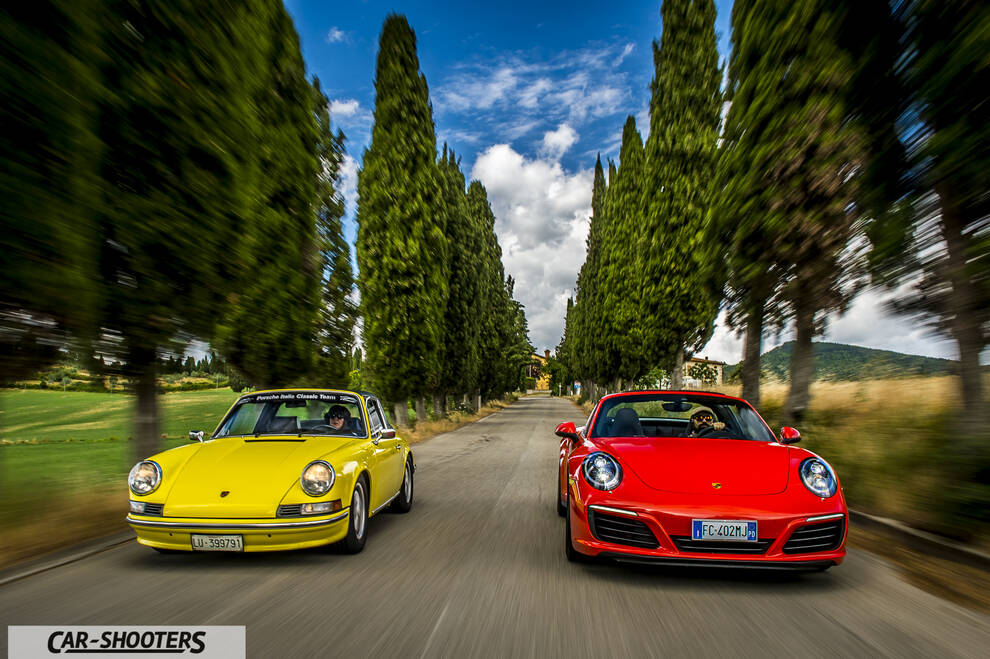 Porsche 911 Targa Storica – front three-quarter, yellow on a country road