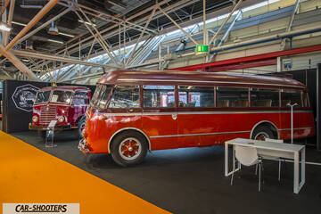side profile, red and maroon in an indoor exhibition hall
