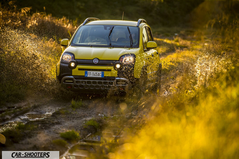 Fiat Panda 4X4 Cross – front three-quarter, yellow driving through muddy water