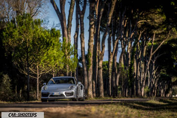 Porsche 911 Turbo S – front three-quarter, silver on a tree-lined road