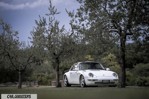 Porsche 993 Carrera 4 – front three-quarter, white parked under olive trees