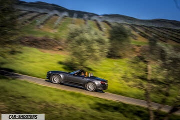 Fiat 124 Spider – side profile, grey metallic on a country road