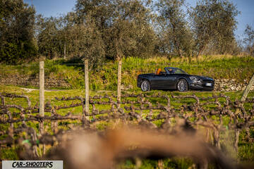 Fiat 124 Spider – side profile, dark grey on a country road