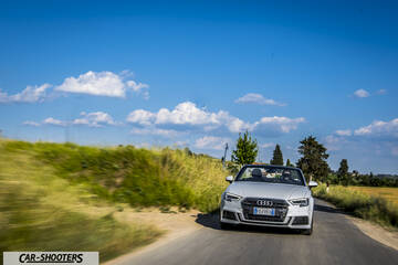 Audi A3 Cabriolet – front three-quarter, silver metallic on a country road