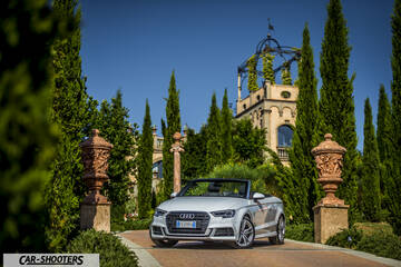 Audi A3 Cabriolet – front three-quarter, silver in an Italian garden