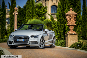 Audi A3 Cabriolet – front three-quarter, silver in a formal garden