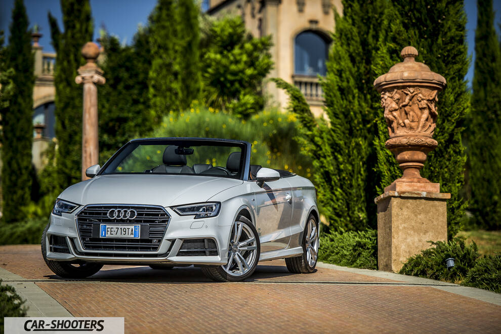 Audi A3 Cabriolet – front three-quarter, silver in a formal garden
