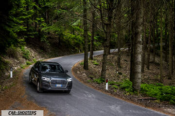 Audi Q5 – front three-quarter, dark grey on a winding forest road