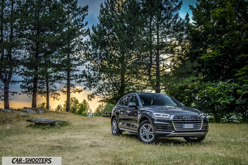 Audi Q5 – front three-quarter, dark grey metallic on a grassy clearing
