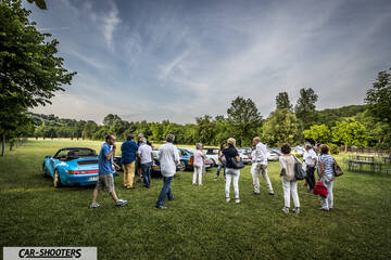 rear three-quarter, blue parked on a grassy field
