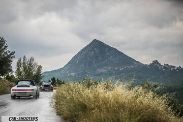 rear view, white against a mountain backdrop