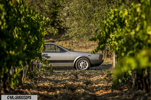 Lancia Beta Montecarlo – side profile, silver framed by rows of vines