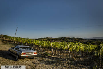 Lancia Beta Montecarlo – rear three-quarter, silver parked beside a vineyard