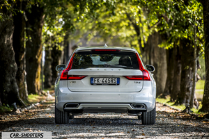 Volvo V90 T8 – rear view, white on a tree lined road