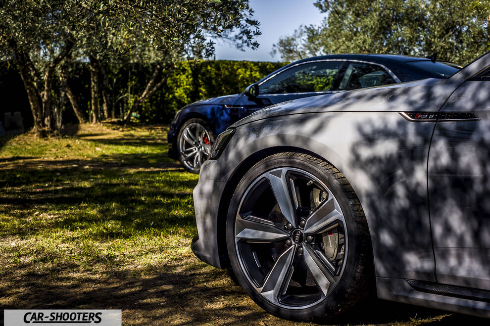 Audi – front three-quarter, matte grey parked under trees