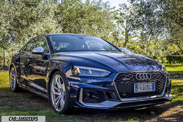 Audi – front three-quarter, dark blue parked among olive trees