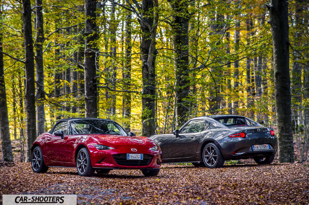 Mazda MX 5 ND – front three-quarter, red in an autumn forest