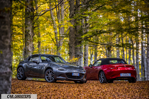 Mazda MX 5 ND – front three-quarter, grey metallic in an autumn forest