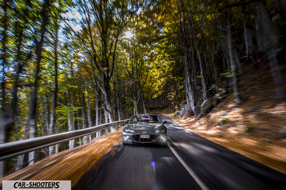 Mazda MX 5 ND – front three-quarter, grey on a forest road
