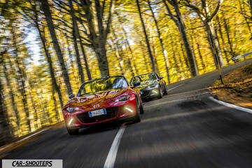 Mazda MX 5 ND – front three-quarter, red on a country road
