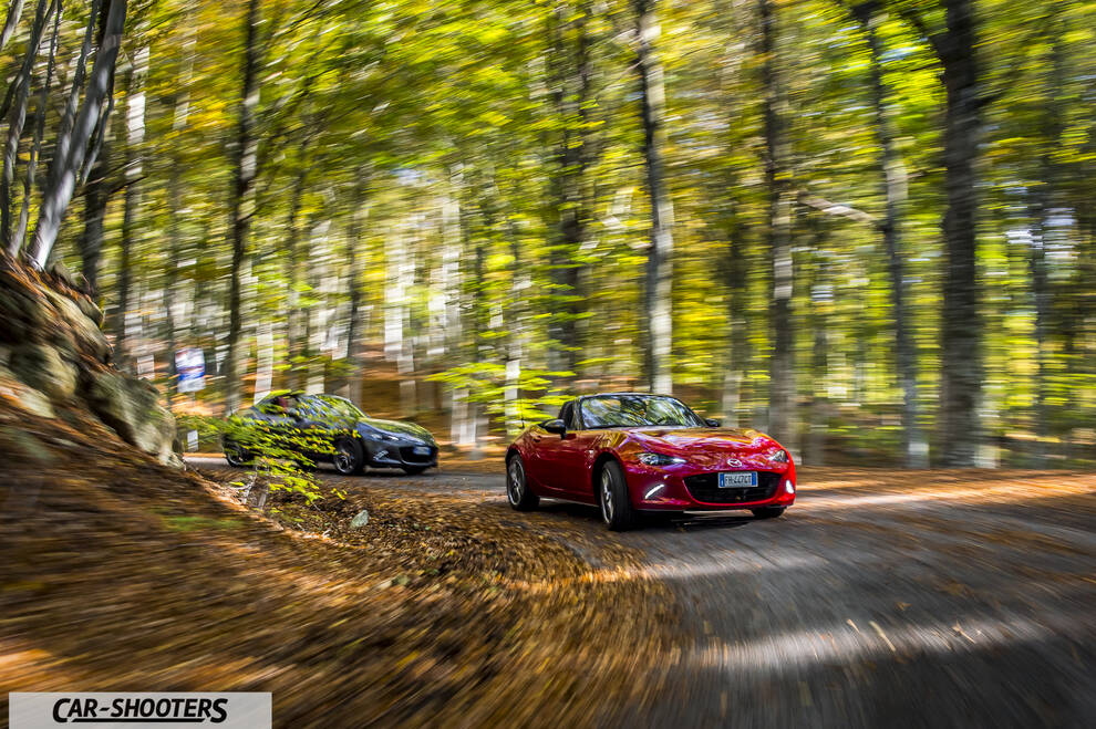 Mazda MX 5 ND – front three-quarter, red on a country road