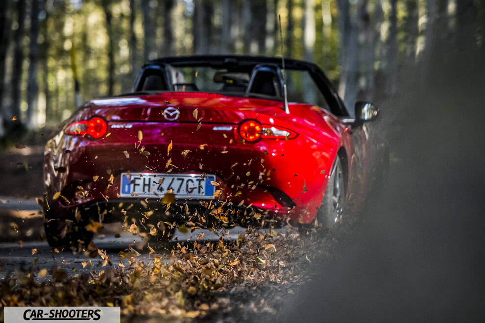 Mazda MX 5 ND – rear view, red on a forest road with falling leaves
