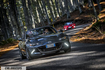 Mazda MX 5 ND – front three-quarter, dark grey on a forest road