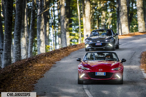 Mazda MX 5 ND – front three-quarter, red on a country road