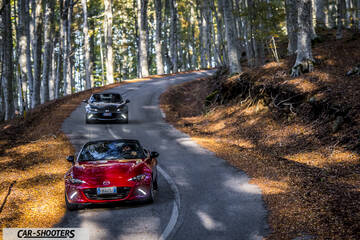 Mazda MX 5 ND – front three-quarter, red on a winding forest road