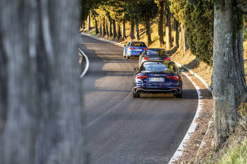 rear view, dark blue on a winding country road