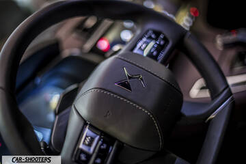 dashboard, leather steering wheel close-up