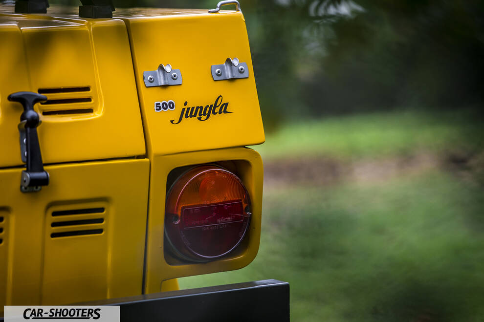 Fiat Jungla Savio – detail, against a blurred green background