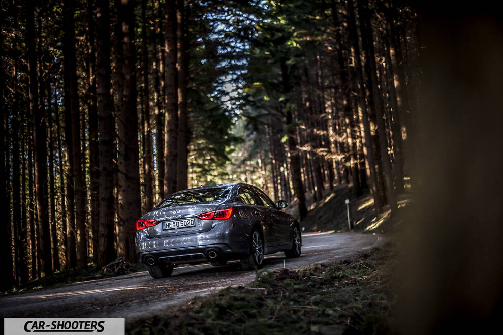 Infiniti Q50 – rear three-quarter, grey metallic on a forest road