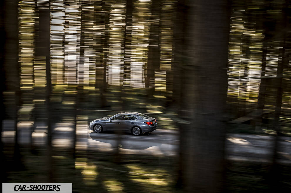 Infiniti Q50 – rear three-quarter, grey metallic driving through a forest