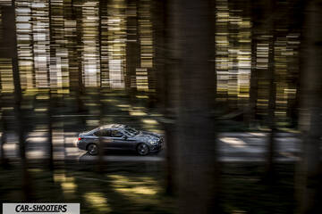 Infiniti Q50 – side profile, grey driving past trees with motion blur