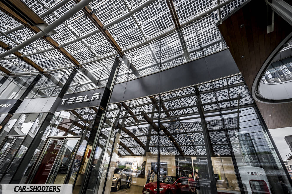 Tesla Model S – detail, inside a glass showroom