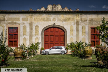 side profile, white in a rustic courtyard