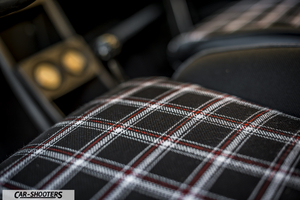 interior, plaid cloth front seats