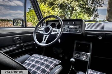 dashboard, plaid cloth seats