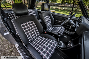 interior, plaid cloth and leather seats