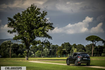 Mazda CX 5 – rear three-quarter, dark grey metallic on a dirt path through a field