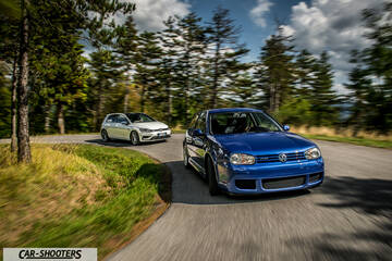 Volkswagen Golf R – front three-quarter, blue on a winding country road