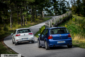 Volkswagen Golf R – rear three-quarter, blue on a country road