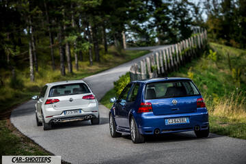 Volkswagen Golf R – rear three-quarter, blue on a country road