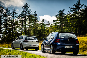 Volkswagen Golf R – rear three-quarter, blue on a country road