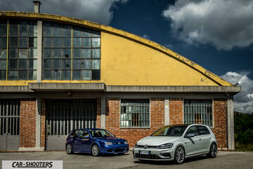 Volkswagen Golf R – front three-quarter, silver in front of an industrial building