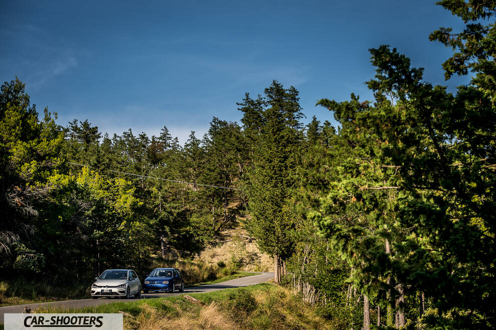 Volkswagen Golf R – front three-quarter, silver on a winding country road