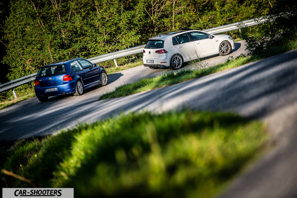 Volkswagen Golf R – rear three-quarter, blue on a country road